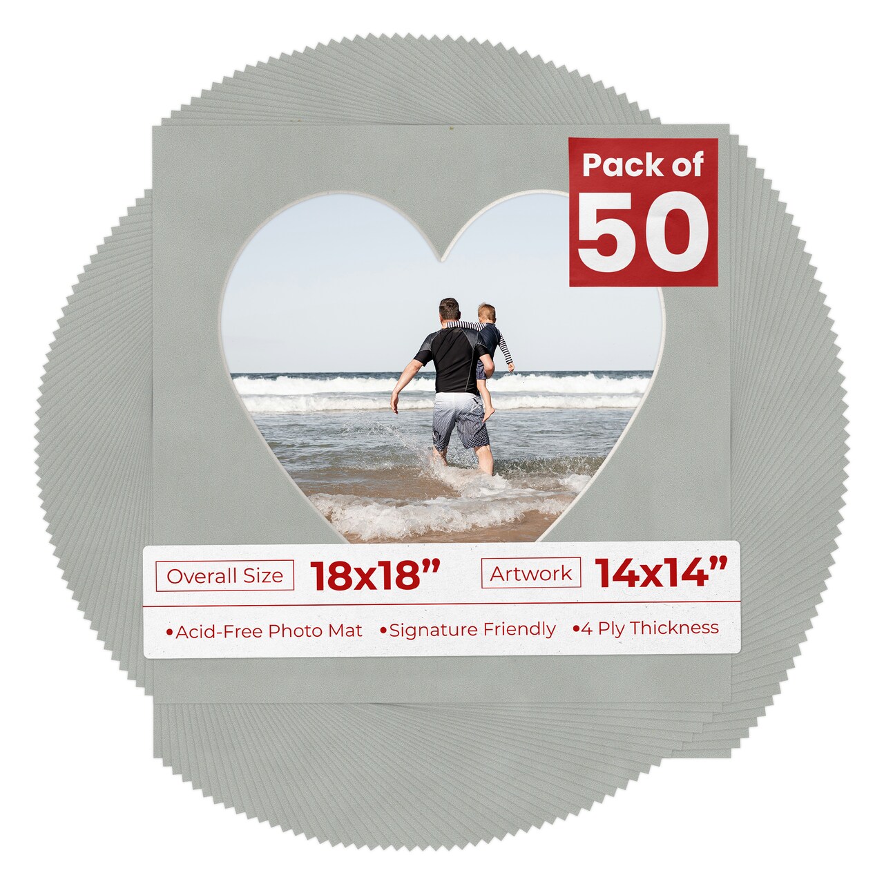 Light Grey Suede Mat Board for 18x18 Frames - Heart Opening for 14x14 Photos